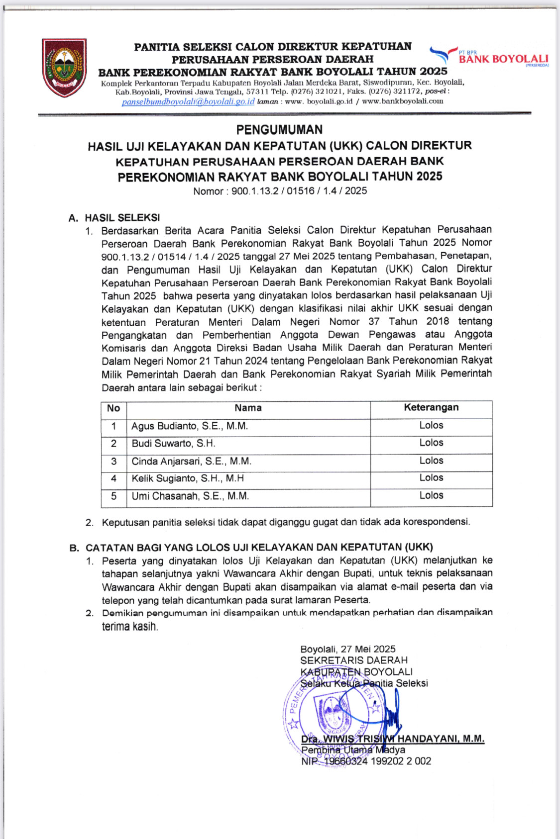 Pengumuman UKK Calon Ditektur Kepatuhan Bank Boyolali