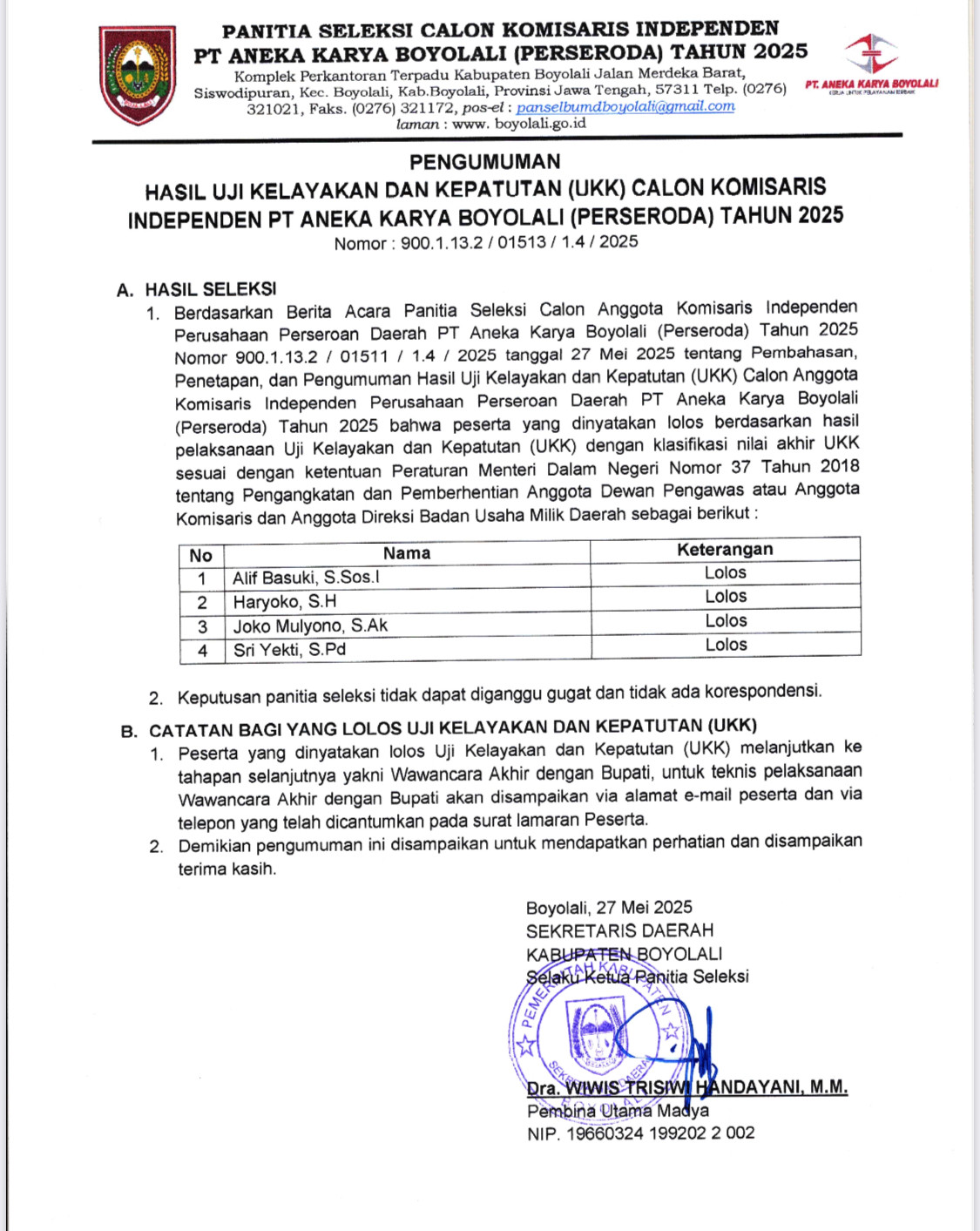 Pengumuman UKK Calon Komisaris Independent PD.Aneka Karya