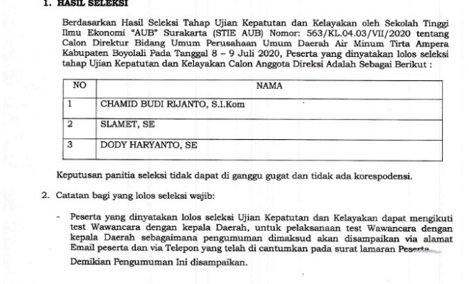 Hasil Seleksi Ujian Kepatutan Dan Kelayakan Calon Direktur Bidang Umum Perusahaan Umum Daerah Air Mi...