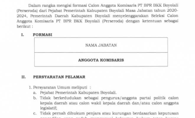 SELEKSI CALON ANGGOTA KOMISARIS PT. BPR BKK BOYOLALI ( PERSERODA ) KABUPATEN BOYOLALI
